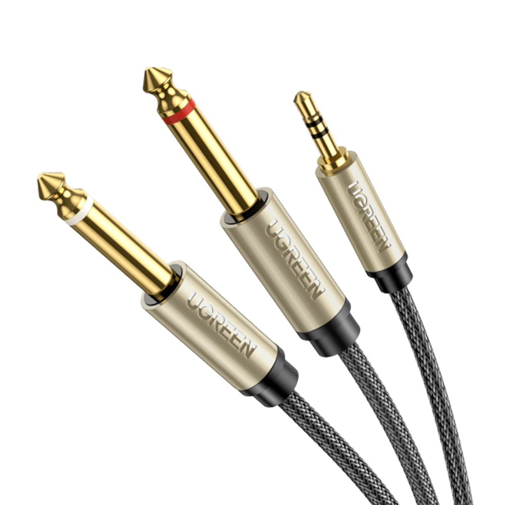 UGREEN 3.5mm to Dual 6.35mm AUX Mono Breakout Cable with Cotton Braided Cable and Gold Plated Contact Plugs for Speaker, Mixer, Amplifiers, TV, Laptop, PC, Phone (5-Meters) | 10619