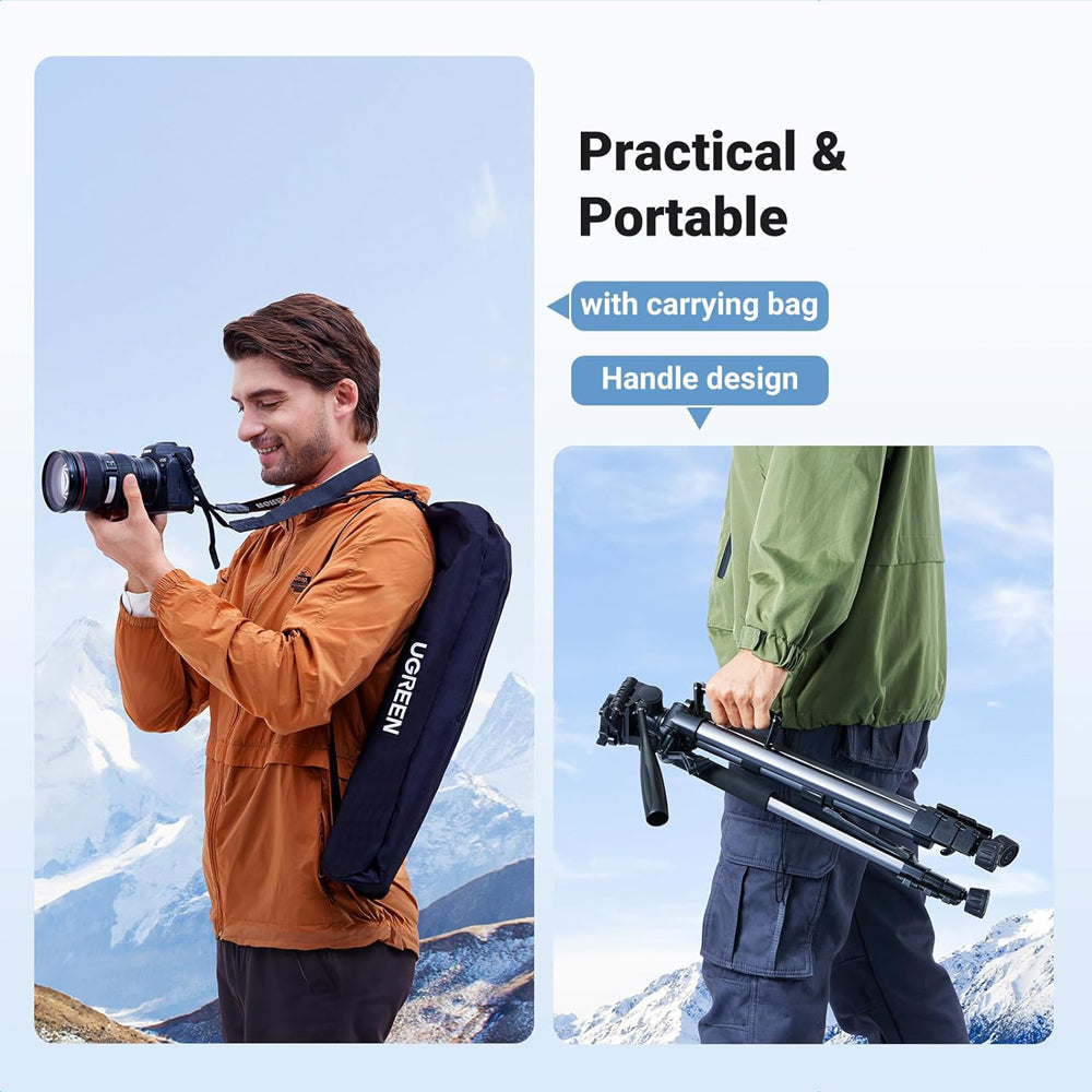 UGREEN LP661 4-Section Professional Tripod with Clip Phone Holder, 1/4" Screw,  53.5-175cm Adjustable Height, 360° Pan/180° Tilt, 5KG Max Payload, Horizontal & Vertical Shooting for Camera, Camcorder, Smartphone, Projector, etc. | 15187