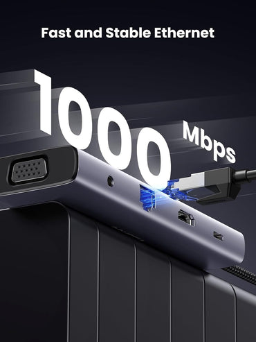 UGREEN Multifunctiol 10-in-1 USB C Hub with 4K HDMI VGA Video Converter, 100W PD Type C Fast Charger, 1000Mbps RJ45 Ethernet, SD TF Memory Card Reader, 5Gbps High-Speed USB 3.0, and 3.5mm Audio Port for Computer Laptop MacBook iMac iPad