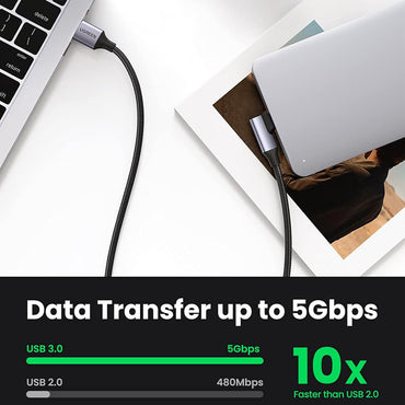 UGREEN 3A USB-A to USB-C (1m) 90° Right Angled Fast Charging & Data Sync Type C Charger Cable for Smartphones, Tablets, Cameras & Electronics Devices | US385