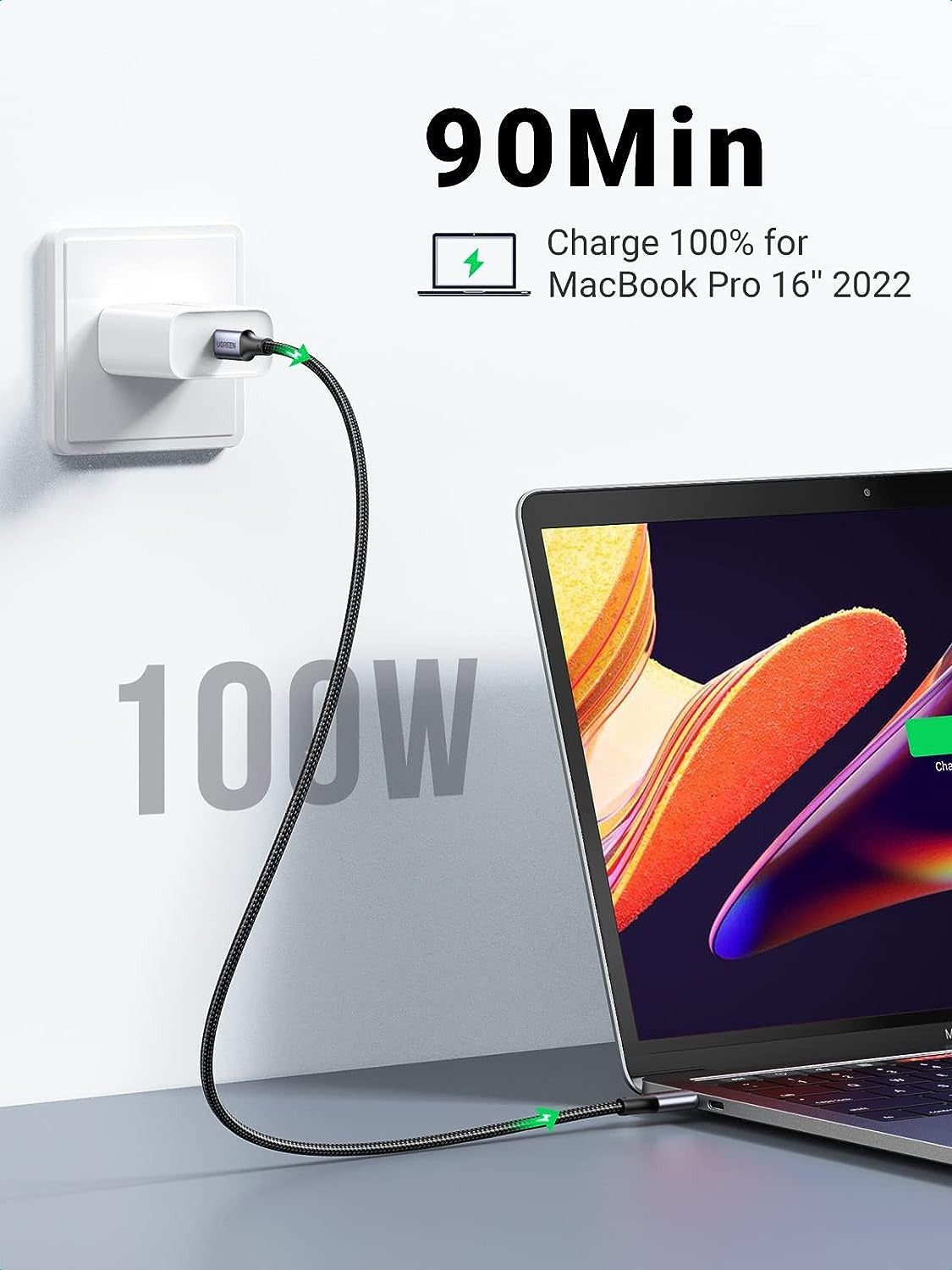 UGREEN 0.5 Meter USB-C to USB-C 2.0 Fast Charging Nylon Braided Cable 100W 5A with 480Mbps Data Transfer Speed - Gray | 20478