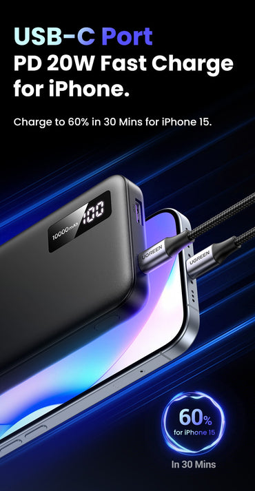 UGREEN 10000mAh Ultra-Slim Portable Power Bank PD 20W with Two-Way USB Type C Charging and LED Display Indicator for iPhone iPad Airpods Samsung Huawei Xiaomi Android Mobile Phone Smartphone Cellphone Tablet  - Chargers and Powerbanks