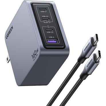 UGREEN Nexode Pro 160W 4-Port GaN Fast Charger with PD 100W USB Type-C Charging Cable for Smartphones, Tablets, Computer Laptops, Earbuds, iPhone 16/15, iPad Pro/Air, MacBook with PD 3.1 140W Max Single-Port Charging & Temperature Control