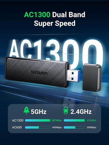 UGREEN AC1300 Wireless Dual-Band 5G/2.4G USB 3.0 Wi-Fi Network Adapter with 1300Mbps High-Speed Transmission and LED Indicator for Laptop, PC, Dekstop, Computer Windows 11/10/8.1/8/7 and macOS 10.11 | 50340