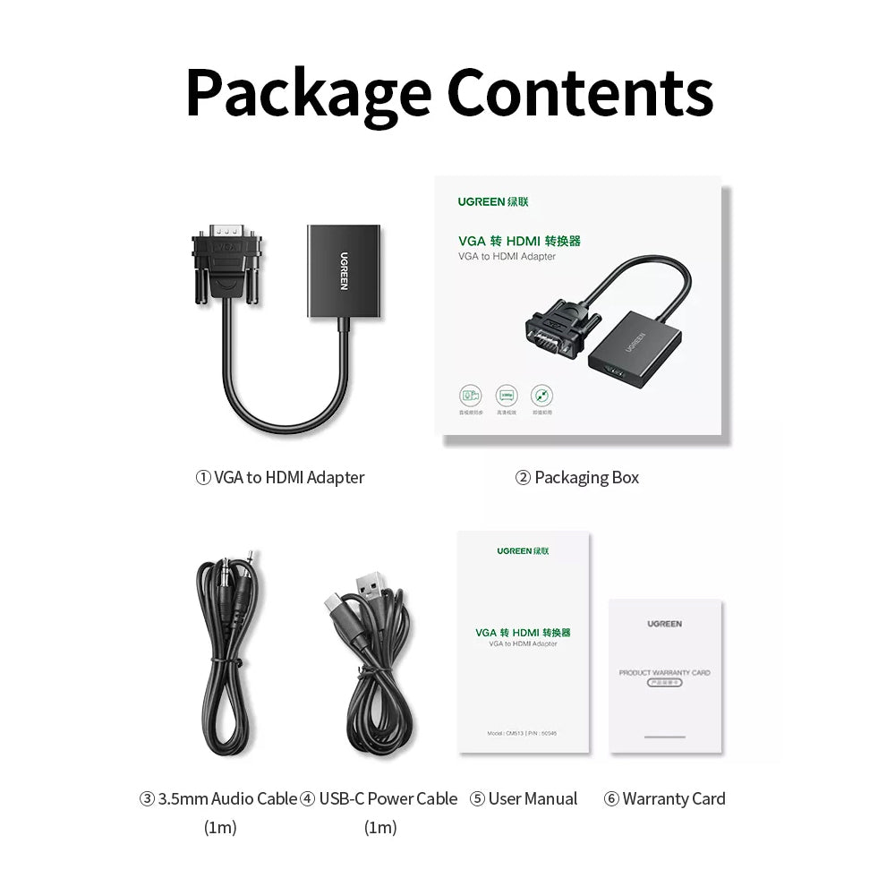 UGREEN 1080p 60fps VGA Male to HDMI Video Converter Adapter Cable with 3.5mm Audio Jack & USB C Power Port for PC, Desktop Computer, Laptop, HD TV, Display Monitor, Projector, etc. - Supports Windows & Linux | 50945