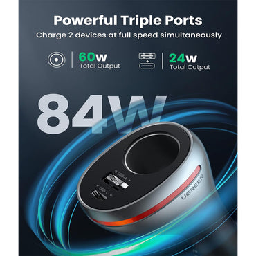 UGREEN 84W 2 Port USB A and Type C PD Fast Charging Universal Car Charger with Single Extension Socket for Powered Car Accessories, Electronics, Gadgets, Mobile Phone and Tablet Charging | 60712