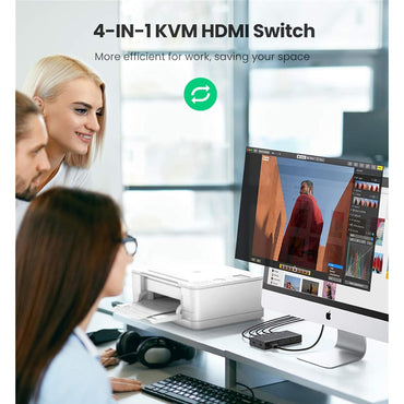 UGREEN 4 IN 1 OUT HDMI KVM Switch Box 4K UHD Video with 4 USB-B Input and Dual USB-A Output Ports, Shared Keyboard and Mouse Controls, Automatic Input Scan, and Onboard Hotkey Toggle Selectors for PC, Laptop, and Desktop Computers | 70439