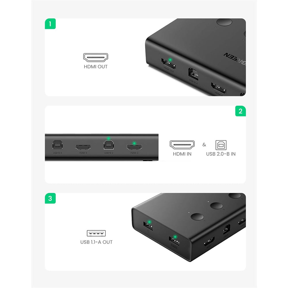 UGREEN 4 IN 1 OUT HDMI KVM Switch Box 4K UHD Video with 4 USB-B Input and Dual USB-A Output Ports, Shared Keyboard and Mouse Controls, Automatic Input Scan, and Onboard Hotkey Toggle Selectors for PC, Laptop, and Desktop Computers | 70439