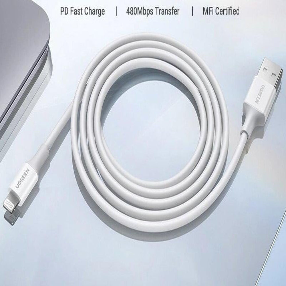 UGREEN USB-A to Lightning Cable 480Mbps Data Charging Cord Nickel Plating ABS Shell (1.5-Meters) (White) | 80315