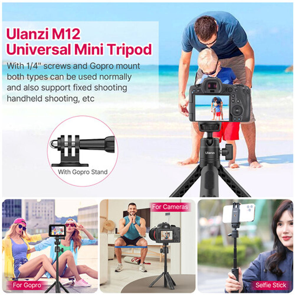 Ulanzi M12 Tripod Selfie Stick with 360 / 120 Degree Pan Tilt Ball Head with Extendable 12.5" Max Height, Max 500g Load Capacity for GoPro Action Cameras and Smartphones