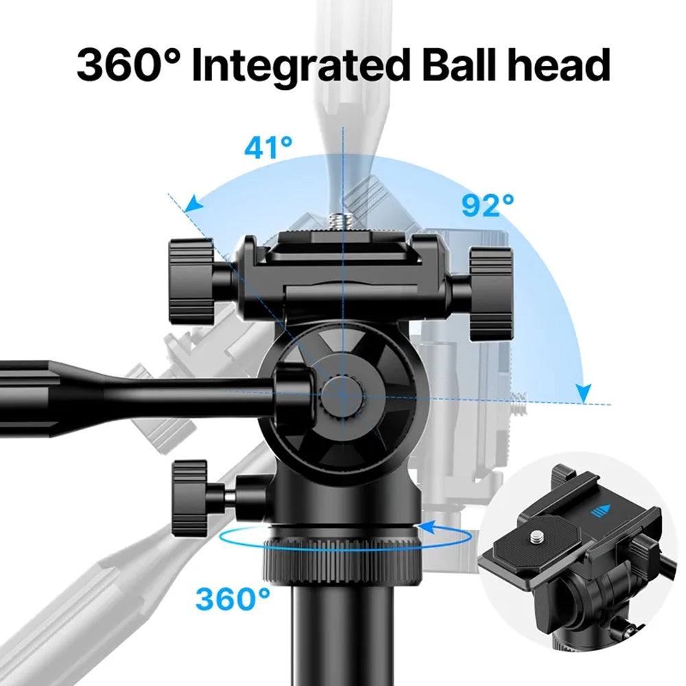 Ulanzi MT-65 Professional Horizontal Tripod with 360° Integrated Ball Head, Built-In Phone Clip, Vertical and Center Shaft Inverted Shooting Mode, 57cm to 175cm Adjustable Height for Smartphones, DSLR, SLR, Mirrorless Cameras | 3336