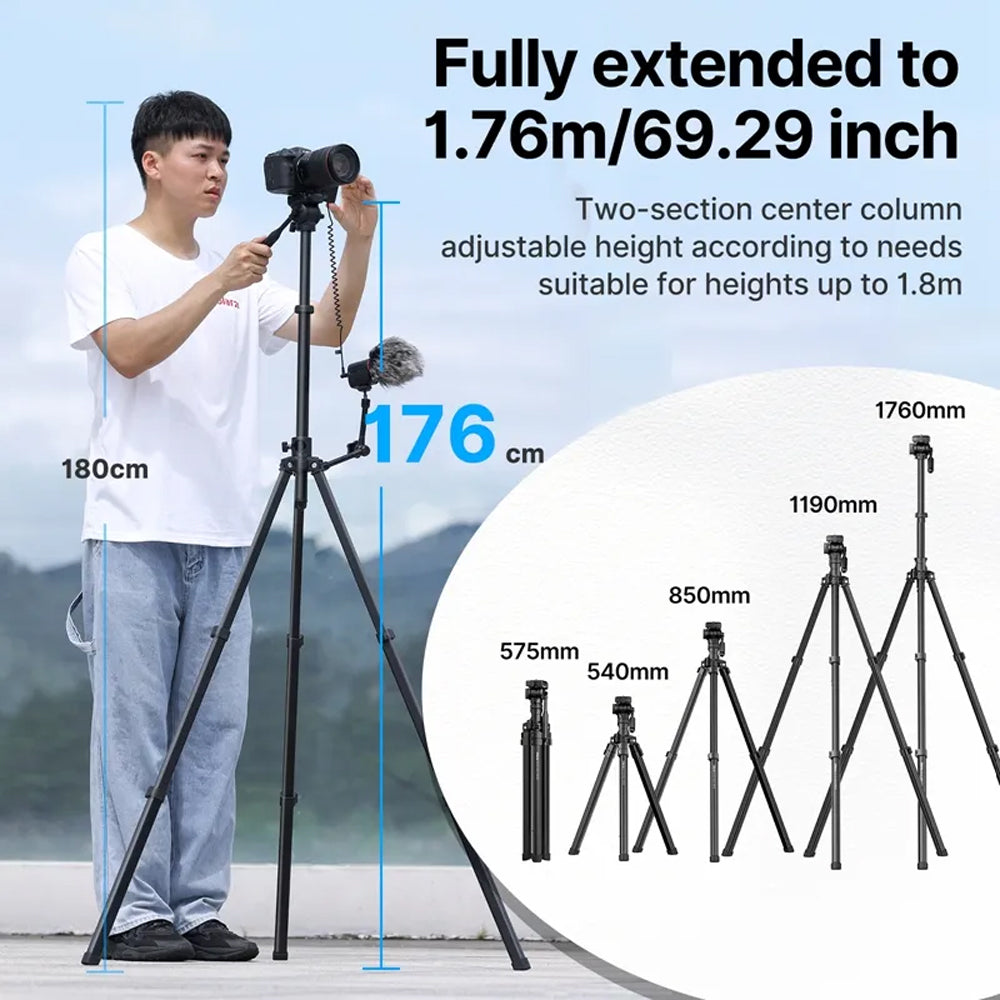 Ulanzi MT-65 Professional Horizontal Tripod with 360° Integrated Ball Head, Built-In Phone Clip, Vertical and Center Shaft Inverted Shooting Mode, 57cm to 175cm Adjustable Height for Smartphones, DSLR, SLR, Mirrorless Cameras | 3336