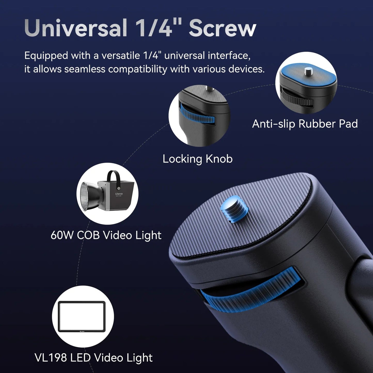 Ulanzi LA03 Universal Light Stand Adaptor and Pistol Handle Grip with 1/4" Screw, 2Kg Max Capacity and 75 Degree Angle Adjustment for Video Light, Umbrella, Softbox | L050GBB1