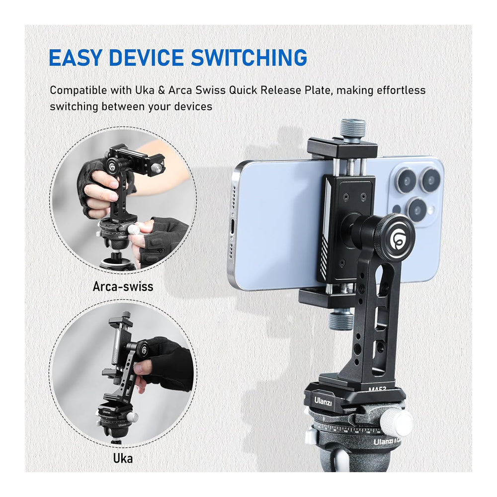 Ulanzi MA53 Arca-Type Phone Holder with Ball Head, Dual Cold Shoe Mount, and Multiple 1/4" Attachment Holes for iPhone and Smartphones (60mm-95mm)