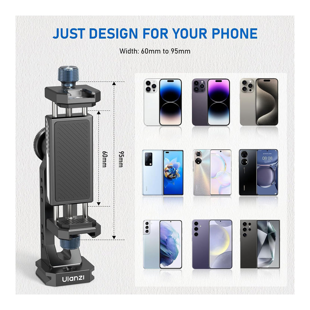 Ulanzi MA53 Arca-Type Phone Holder with Ball Head, Dual Cold Shoe Mount, and Multiple 1/4" Attachment Holes for iPhone and Smartphones (60mm-95mm)