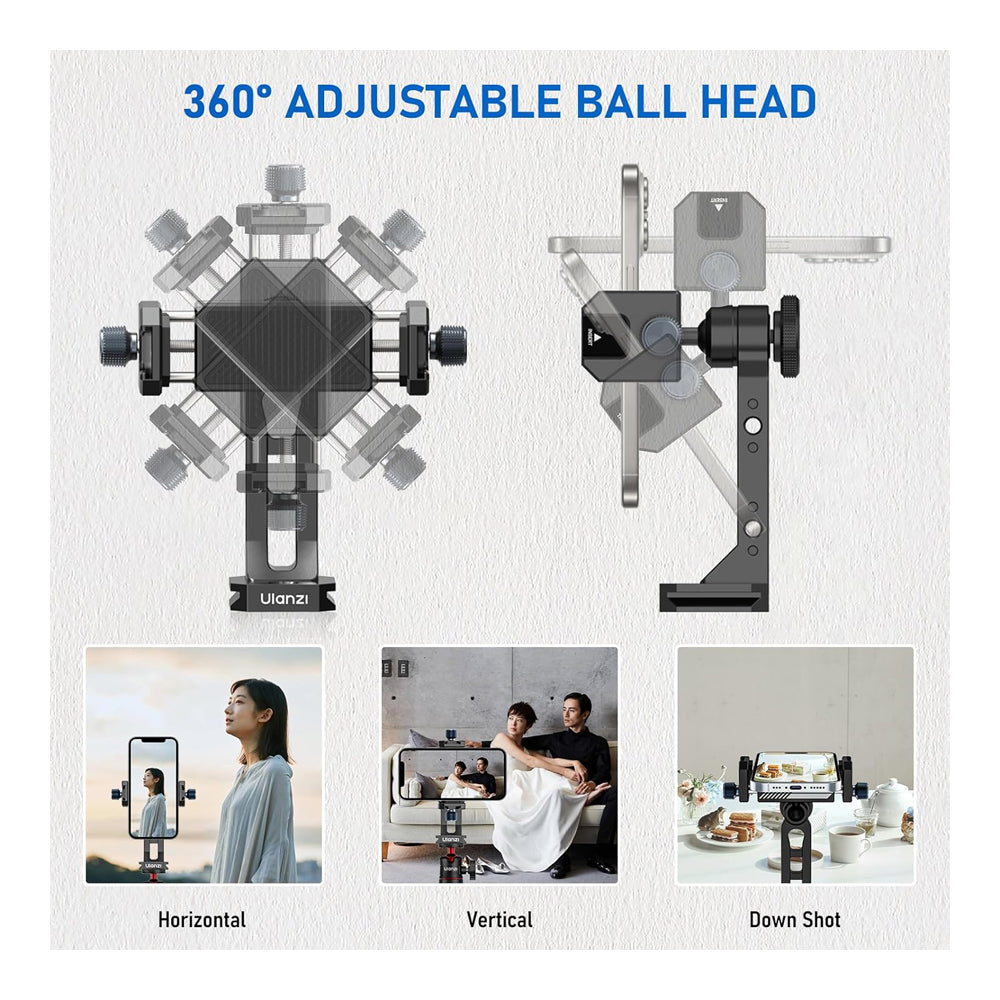 Ulanzi MA53 Arca-Type Phone Holder with Ball Head, Dual Cold Shoe Mount, and Multiple 1/4" Attachment Holes for iPhone and Smartphones (60mm-95mm)