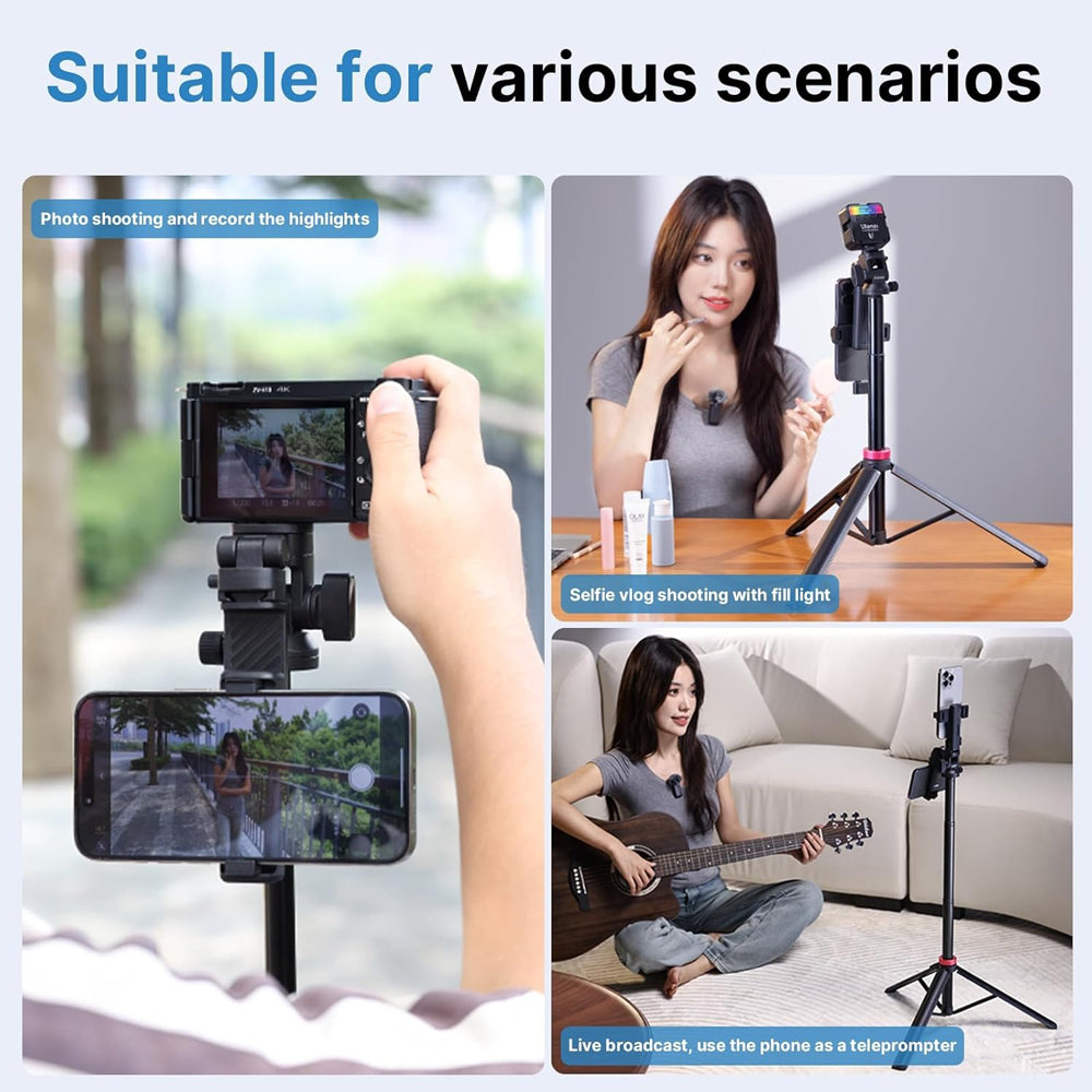 Ulanzi MT-78 Quick Release Camera Tripod with Cold Shoe Mounting System, Smartphone Holder, Remote Shutter Button, and 7-Section Extendable Height up to 185cm for Live Streaming, Vlogging, Photography, and Video Content Creation