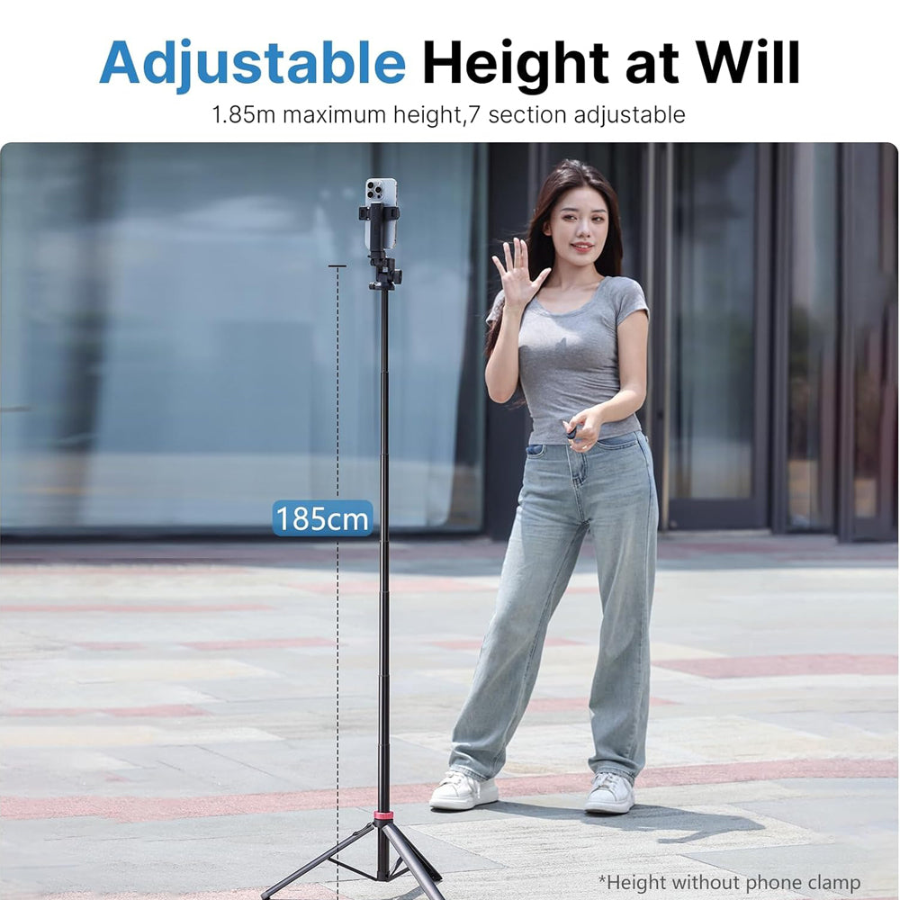 Ulanzi MT-78 Quick Release Camera Tripod with Cold Shoe Mounting System, Smartphone Holder, Remote Shutter Button, and 7-Section Extendable Height up to 185cm for Live Streaming, Vlogging, Photography, and Video Content Creation