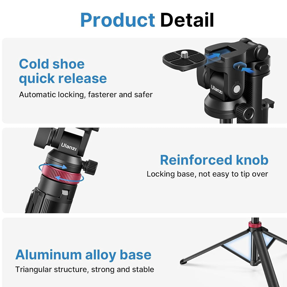 Ulanzi MT-78 Quick Release Camera Tripod with Cold Shoe Mounting System, Smartphone Holder, Remote Shutter Button, and 7-Section Extendable Height up to 185cm for Live Streaming, Vlogging, Photography, and Video Content Creation