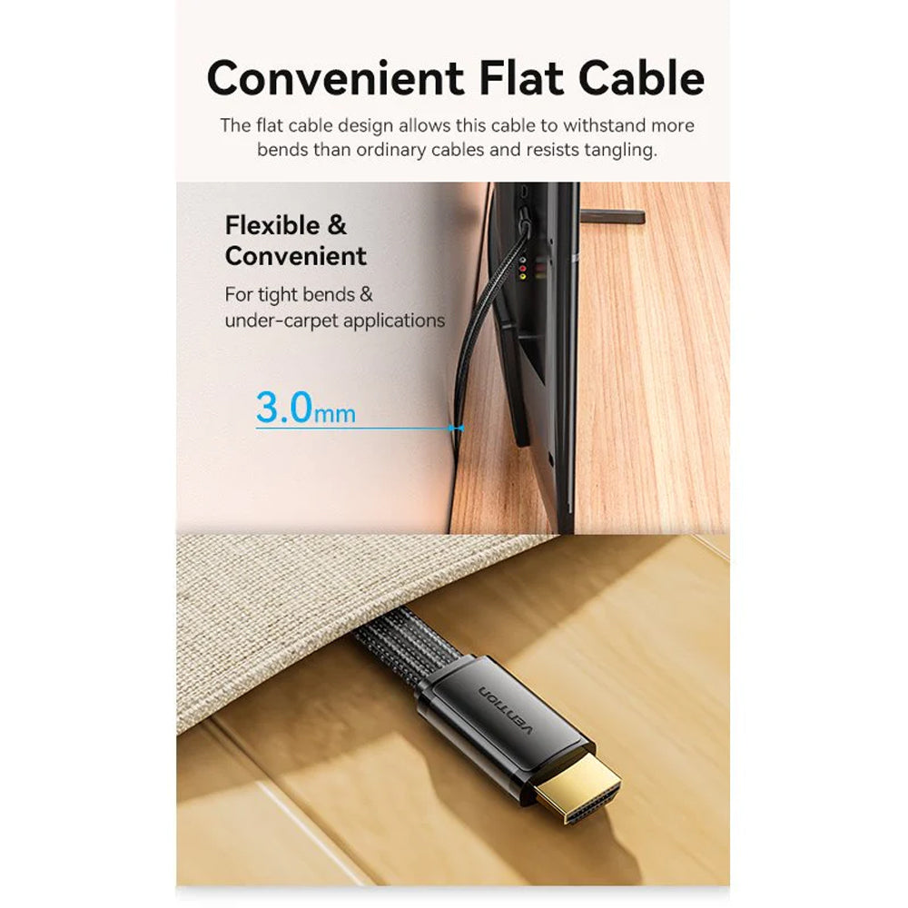 Vention (2m) 8K 60Hz UHD Flat HDMI 2.1 Male to Male Video Display Cable with 240Hz Refresh Rate, Dolby Atmos, 12-Bit Color Depth, Nylon-Braided Jacket, High Dynamic Range (HDR), Multiple Display Modes for Laptop, PC, TV, Monitor, Projector