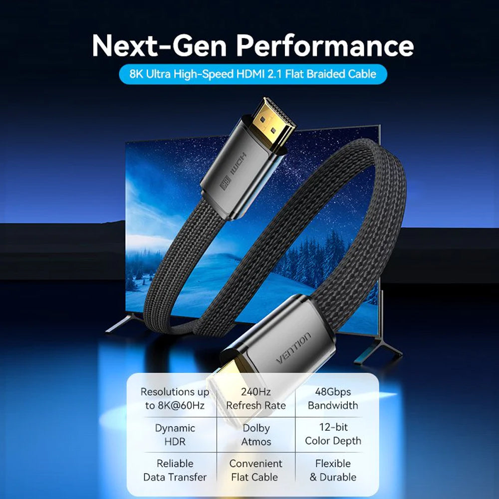 Vention (2m) 8K 60Hz UHD Flat HDMI 2.1 Male to Male Video Display Cable with 240Hz Refresh Rate, Dolby Atmos, 12-Bit Color Depth, Nylon-Braided Jacket, High Dynamic Range (HDR), Multiple Display Modes for Laptop, PC, TV, Monitor, Projector