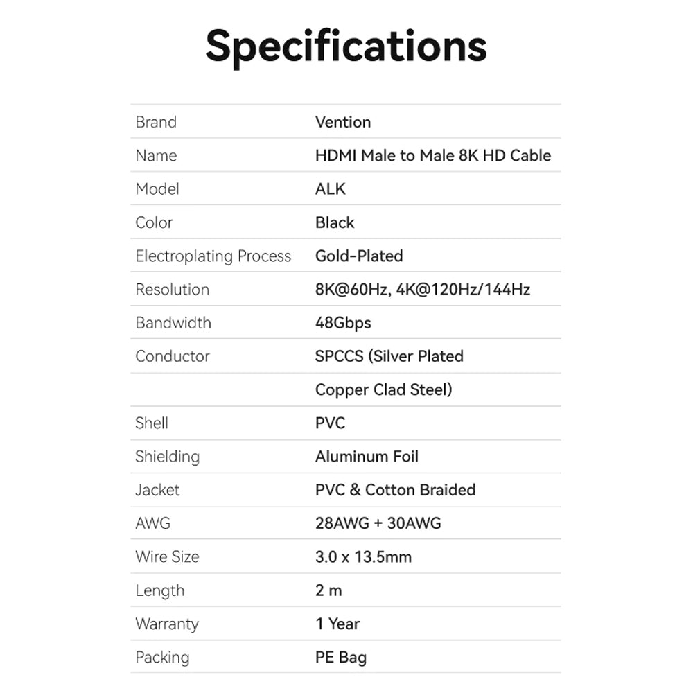 Vention (2m) 8K 60Hz UHD Flat HDMI 2.1 Male to Male Video Display Cable with 240Hz Refresh Rate, Dolby Atmos, 12-Bit Color Depth, Nylon-Braided Jacket, High Dynamic Range (HDR), Multiple Display Modes for Laptop, PC, TV, Monitor, Projector