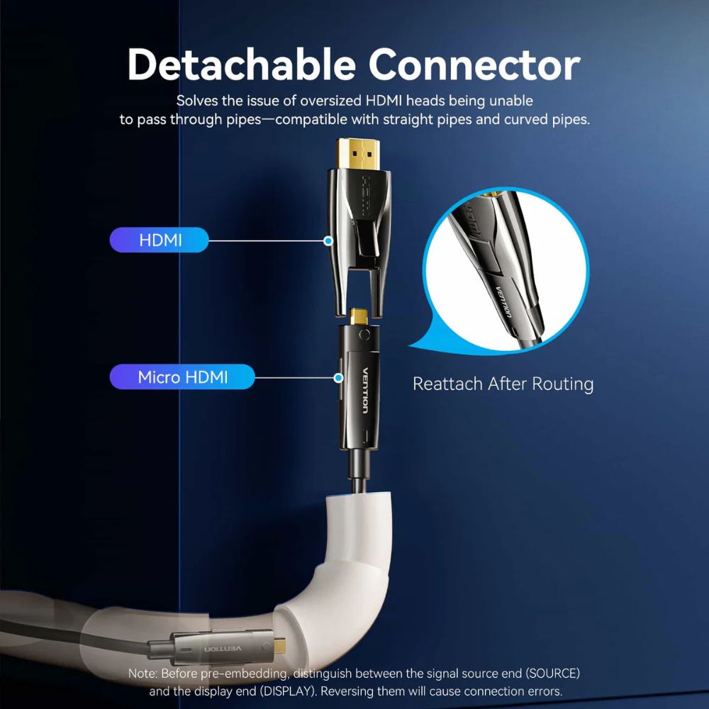 Vention 4K/60Hz UHD Detachable HDMI + Micro-HDMI Male to HDMI Fiber Optic Cable with High-Speed Transmission, Gold-Plated Connectors, Zinc Alloy Casing and PVC Sleeve for PC Desktop Computer, Laptop, Monitor, TV, Projector