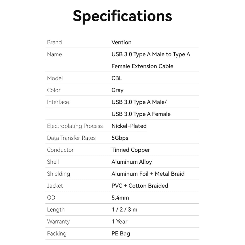 Vention USB 3.0 Cotton Braided Extension Cable with Male to Female Connectors and 5Gbps High-Speed Data Transmission for Chargers Mobile Phone Computer Laptop PC Smart TV Display Monitor Gaming Consoles Storage Devices and more
