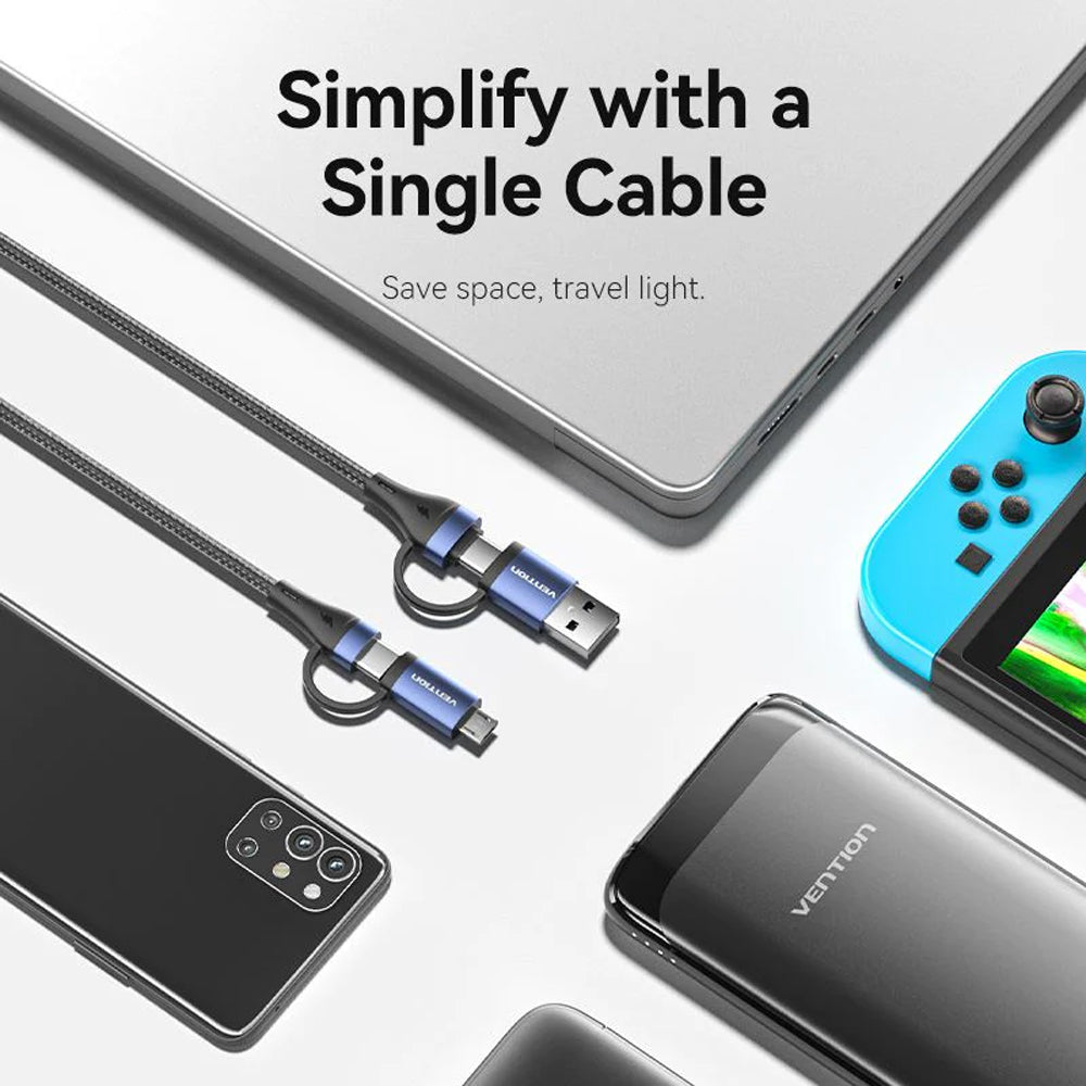 Vention (1m, 1.5m, 2m) 4-in-1 USB-C 2.0 Fast Charging Data Cable PD 100W with USB-A & Micro USB Built-In Adapter, 480Mbps Transmission Rate, Nylon Braided Jacket for Smartphone, Tablet, Laptop, PC