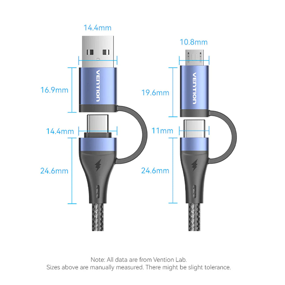 Vention (1m, 1.5m, 2m) 4-in-1 USB-C 2.0 Fast Charging Data Cable PD 100W with USB-A & Micro USB Built-In Adapter, 480Mbps Transmission Rate, Nylon Braided Jacket for Smartphone, Tablet, Laptop, PC
