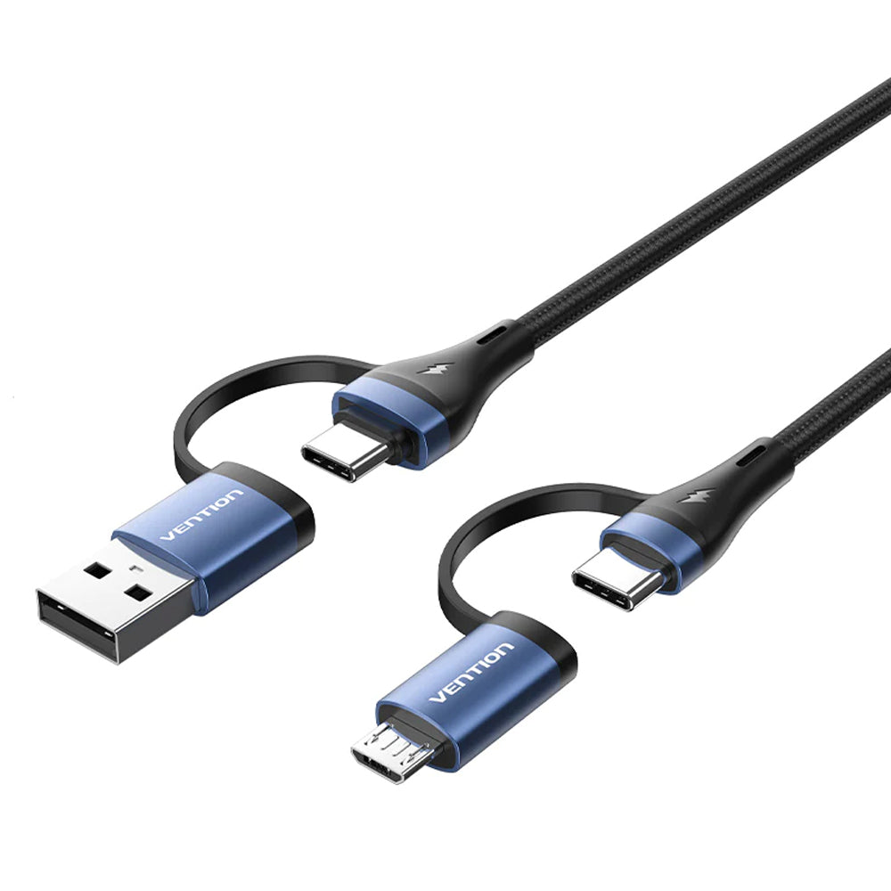 Vention (1m, 1.5m, 2m) 4-in-1 USB-C 2.0 Fast Charging Data Cable PD 100W with USB-A & Micro USB Built-In Adapter, 480Mbps Transmission Rate, Nylon Braided Jacket for Smartphone, Tablet, Laptop, PC