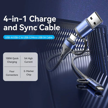 Vention (2m) 4-in-1 USB 2.0 Type-C, Micro USB, USB-A Switchable Fast Charging Data Cable with PD 100W Fast Charging, 480Mbps Transmission Rate, Nylon Braided Jacket for Smartphone, Tablet, Laptop, PC, Electronics & Gadgets