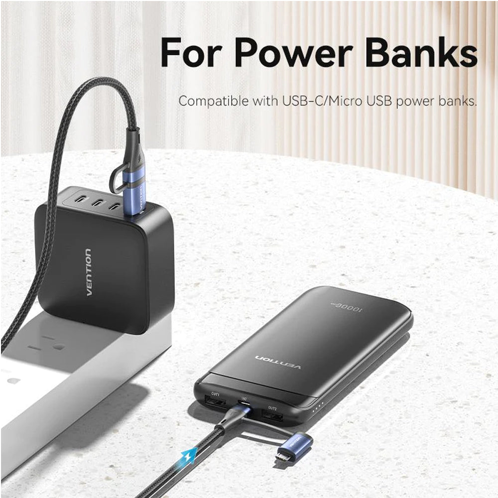 Vention (1m, 1.5m, 2m) 4-in-1 USB-C 2.0 Fast Charging Data Cable PD 100W with USB-A & Micro USB Built-In Adapter, 480Mbps Transmission Rate, Nylon Braided Jacket for Smartphone, Tablet, Laptop, PC