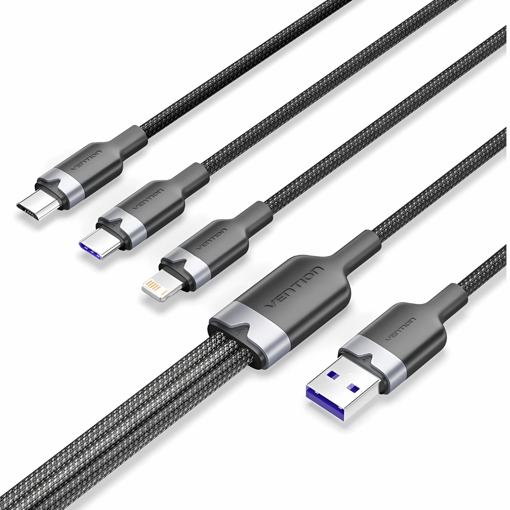 Vention 3-in-1 USB 2.0 1.5M Cable USB-C, Lightning, Micro-B, 6A Fast Charging, Aluminum Alloy for Phone, Tablet, Power bank - Available Colors
