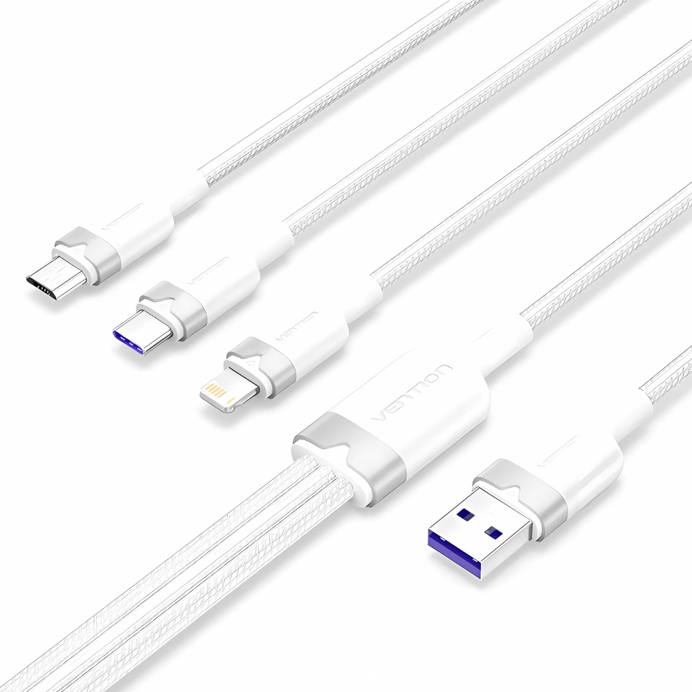 Vention 3-in-1 USB 2.0 1.5M Cable USB-C, Lightning, Micro-B, 6A Fast Charging, Aluminum Alloy for Phone, Tablet, Power bank - Available Colors