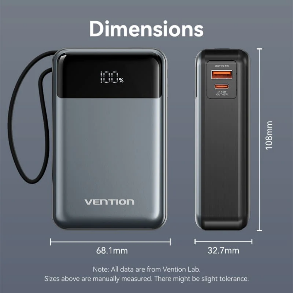 Vention 20000mAh 65W Fast Charging Power Bank with Built-in Cable, Lanyard Design, LED Digital Battery Display and Up to 3 Devicess