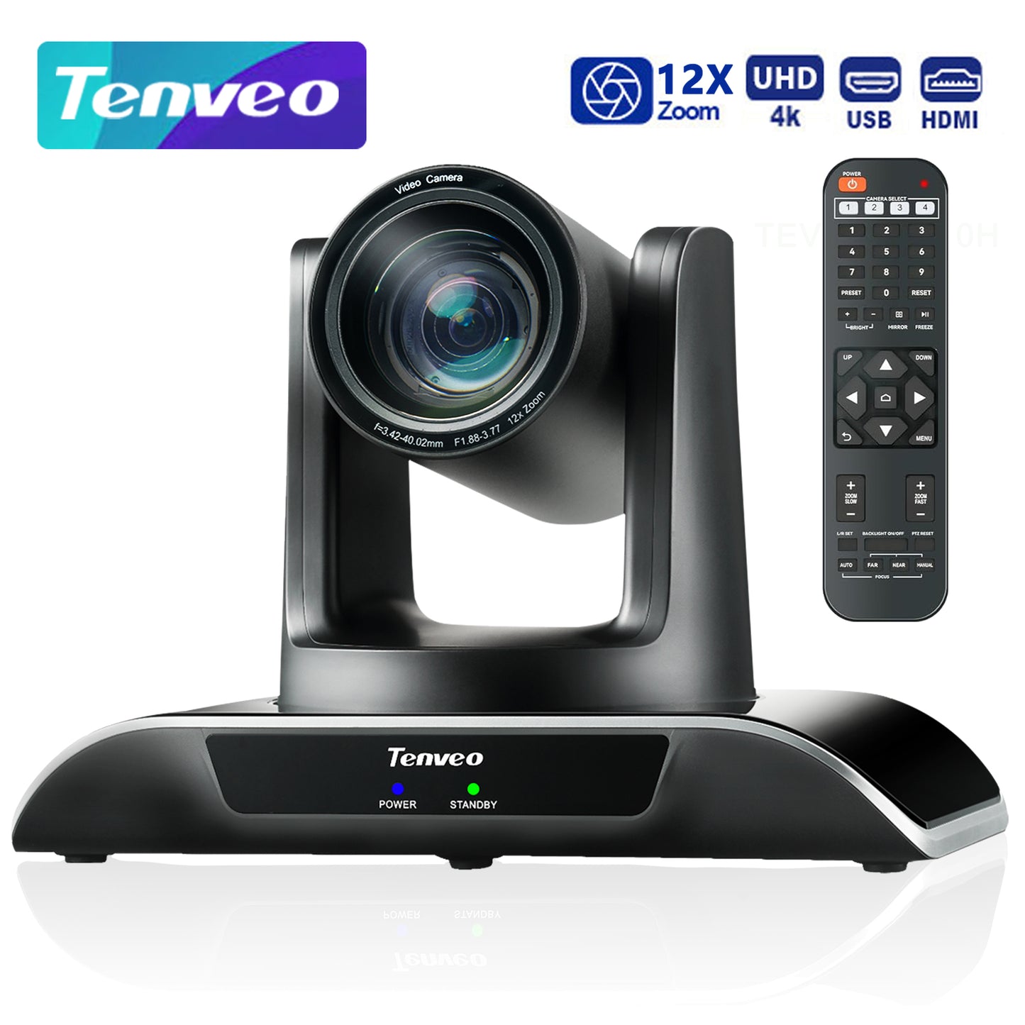 Tenveo Tevo 12X Zoom 8MP 4K Ultra HD PTZ Video Conference Camera - USB 3.0 / HDMI / RS232 / RS485 with IR Remote Control for Business Meeting, Events, Church, Online, Education, and Training Video Recording | VHDPRO12U-4K