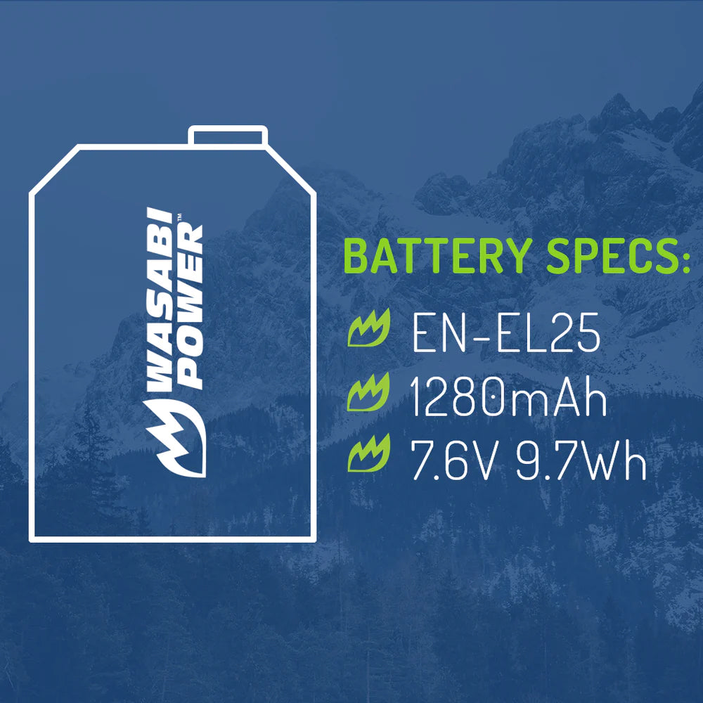 Wasabi Power EN-EL25 Rechargeable Replacement Camera Battery 7.6V 1280mAh for Nikon Z 30, Nikon Z 50, Nikon Z fc Mirrorless Camera | BTR-ENEL25