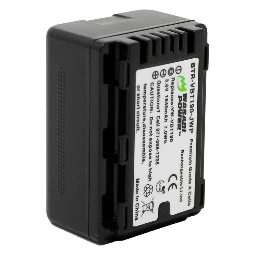 Wasabi Power VW-VBT190 VWVBT190 (2 Pack) 3.6V 1940mAh Camcorder Battery and Charger Kit with Power Indicator, Built-In Fold Out US Plug, Car Charger & Euro Plug Adapter for Panasonic VW-VBK180 and HC-V110 HC-V510 V770K W580K HC-WXF991 Video Camera
