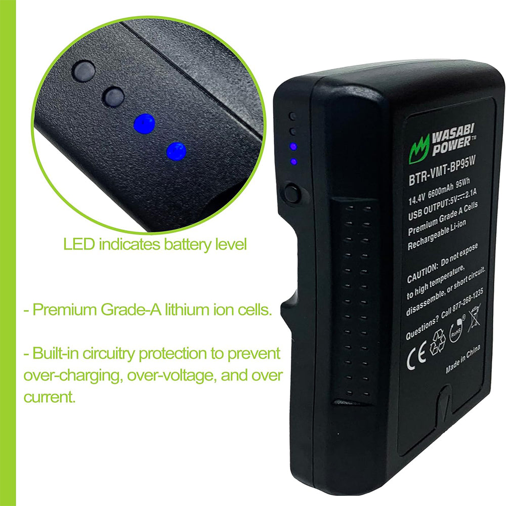 Wasabi Power BP95W 14.4V 6600mAh V-Mount Lithium-Ion Battery with Power Indicators, D-Tap and USB 2.1A Ports for Professional Blackmagic Ursa Mini and Epic Cinema Camera
