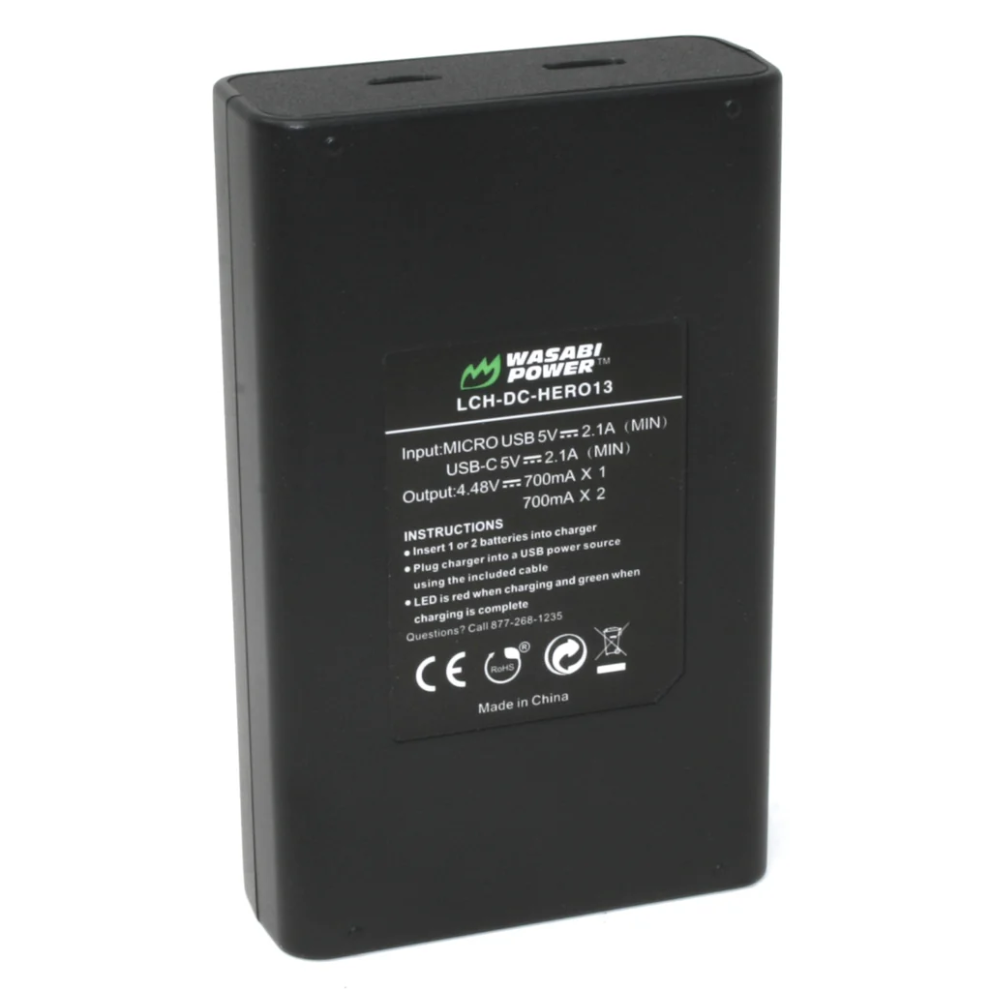 Wasabi Power (2 Pack) 3.85V 1900mAh Rechargeable Battery and Triple Bay Charger with LED Power Indicators, USB Micro and Type-C Ports for GoPro HERO 13 Black Action Camera