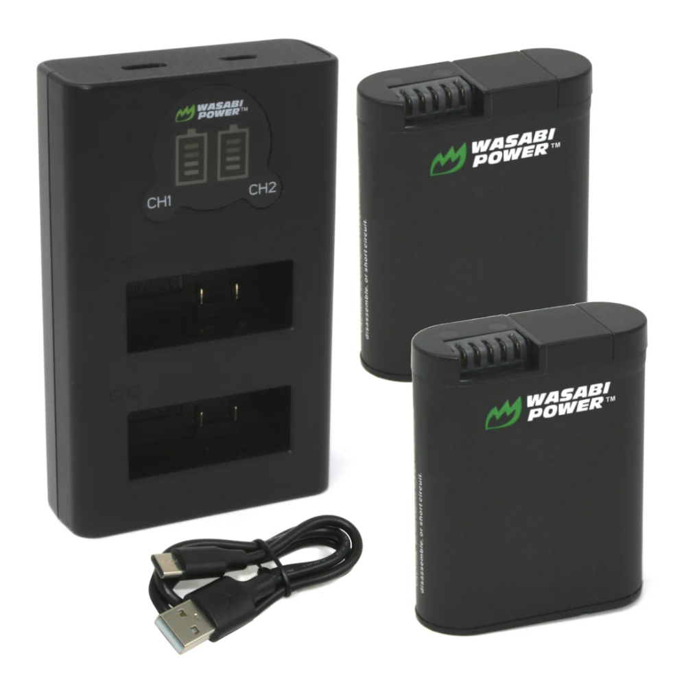 Wasabi Power (2 Pack) 3.85V 1900mAh Rechargeable Battery and Triple Bay Charger with LED Power Indicators, USB Micro and Type-C Ports for GoPro HERO 13 Black Action Camera