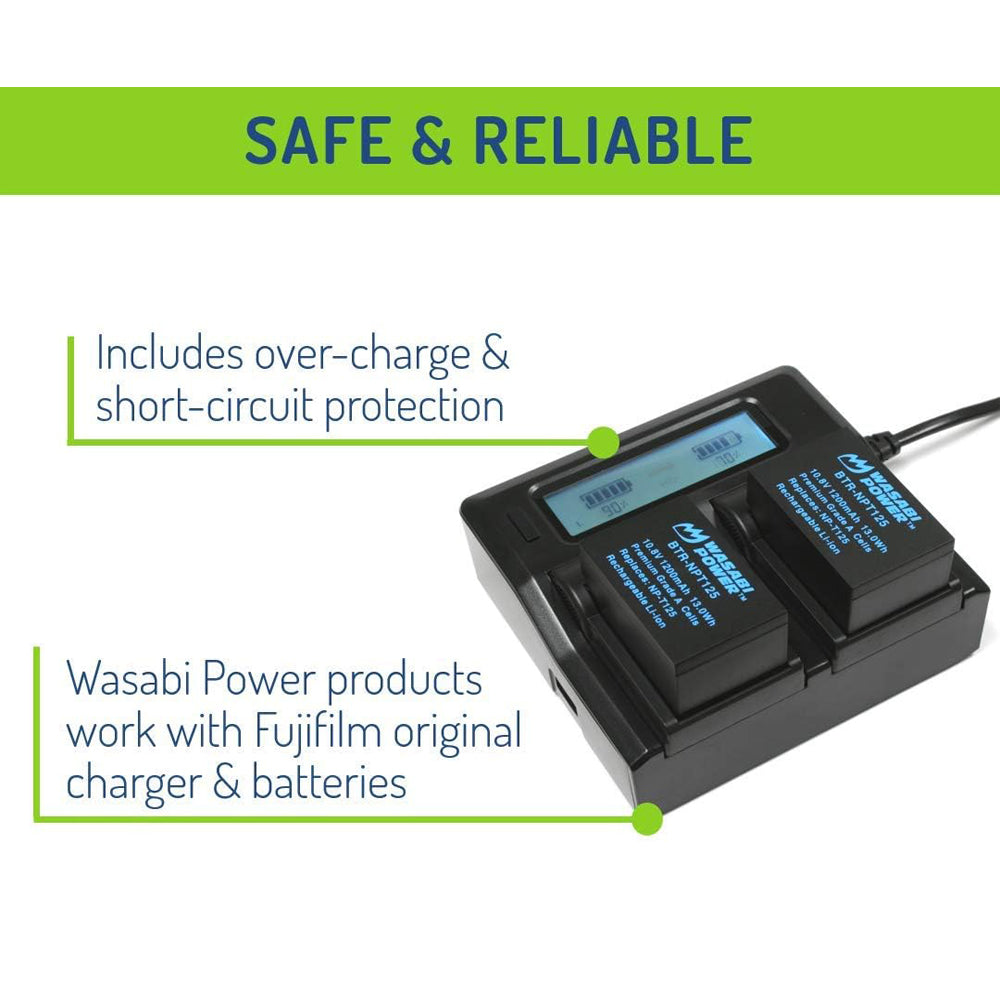 Wasabi Power NP-T125 NPT125 (2 Pack) 10.8V 1200mAh Battery and Dual USB Charger Kit with LCD Display for Fujifilm GFX 50S, GFX 50R, GFX 100, VG-GFX1 Mirrorless Camera