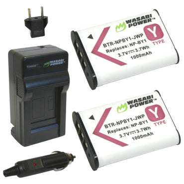 Wasabi Power (2-Pack) SONY NP-BY1 NPBY1 Battery and Charger with Fold Out US Plug, Car Charger and Euro Plug Adapter for Sony HDR-AZ1 Action Cam Mini Camera