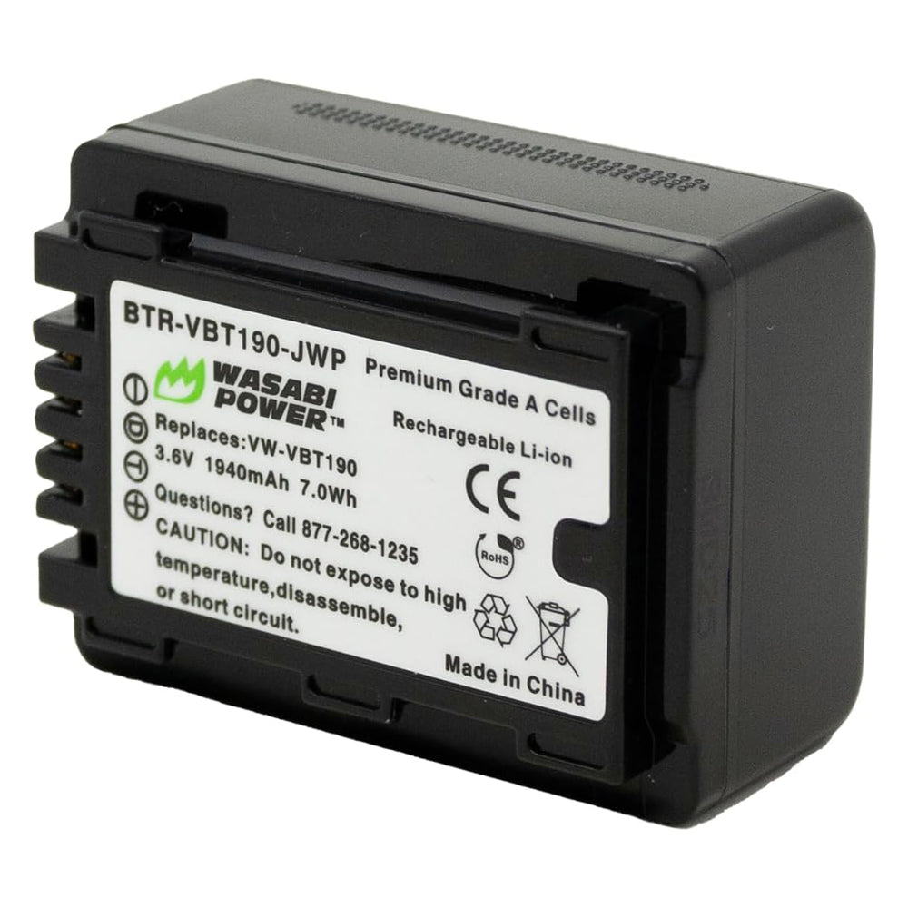 Wasabi Power VW-VBT190 VWVBT190 (2 Pack) 3.6V 1940mAh Camcorder Battery and Charger Kit with Power Indicator, Built-In Fold Out US Plug, Car Charger & Euro Plug Adapter for Panasonic VW-VBK180 and HC-V110 HC-V510 V770K W580K HC-WXF991 Video Camera