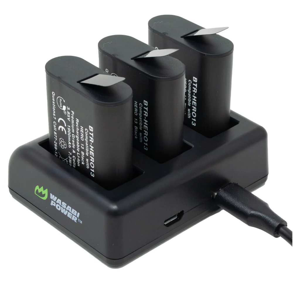 Wasabi Power (2 Pack) 3.85V 1900mAh Rechargeable Battery and Triple Bay Charger with LED Power Indicators, USB Micro and Type-C Ports for GoPro HERO 13 Black Action Camera