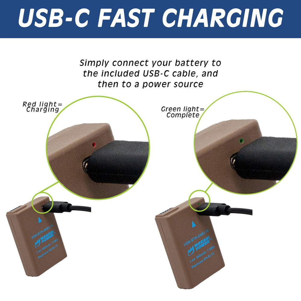 Wasabi Power EN-EL14 Type 7.4V 950mAh Lithium-Ion Fully Decoded Battery with USB Type-C Direct Charging Port for Select Nikon Coolpix Digital Camera | USB-BTR-ENEL14