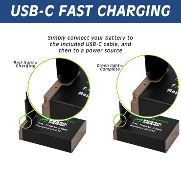 Wasabi Power Canon LP-E12 LPE12 Battery with USB Type C Fast Direct Charging for Canon EOS M M10 M2 M50 M50 Mark II M100 M200 100D and PowerShot SX70 HS Digital Camera