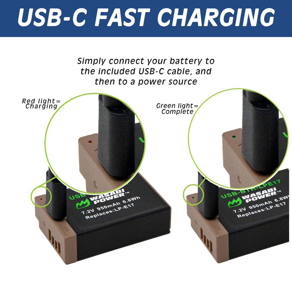 Wasabi Power Canon LP-E17 LPE17 Battery with USB Type C Fast Direct Charging for Canon 77D, M3, M5, M6, M6 Mark II, R10, R100, R50, R8, RP, 200D, 750D, 760D, 800D, and 850D Digital Camera