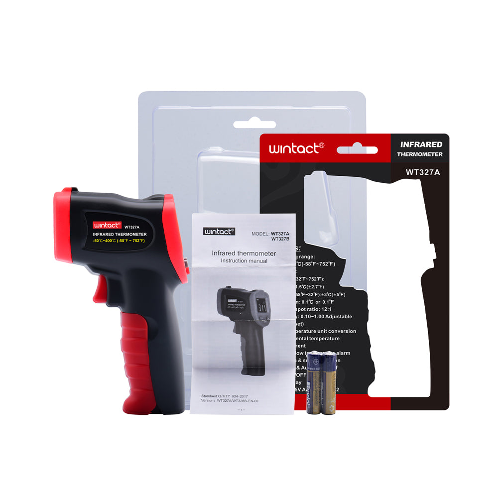 Wintact by Benetech WT327 Non-Contact Infrared Thermometer Digital Thermal Scanner (-50°C - 400° / 600° / 800° / 950°C) w/ Triple-A (AAA) Battery Included, Colored LCD Display for Hot Hazardous Objects, Body & Forehead Temperature Check